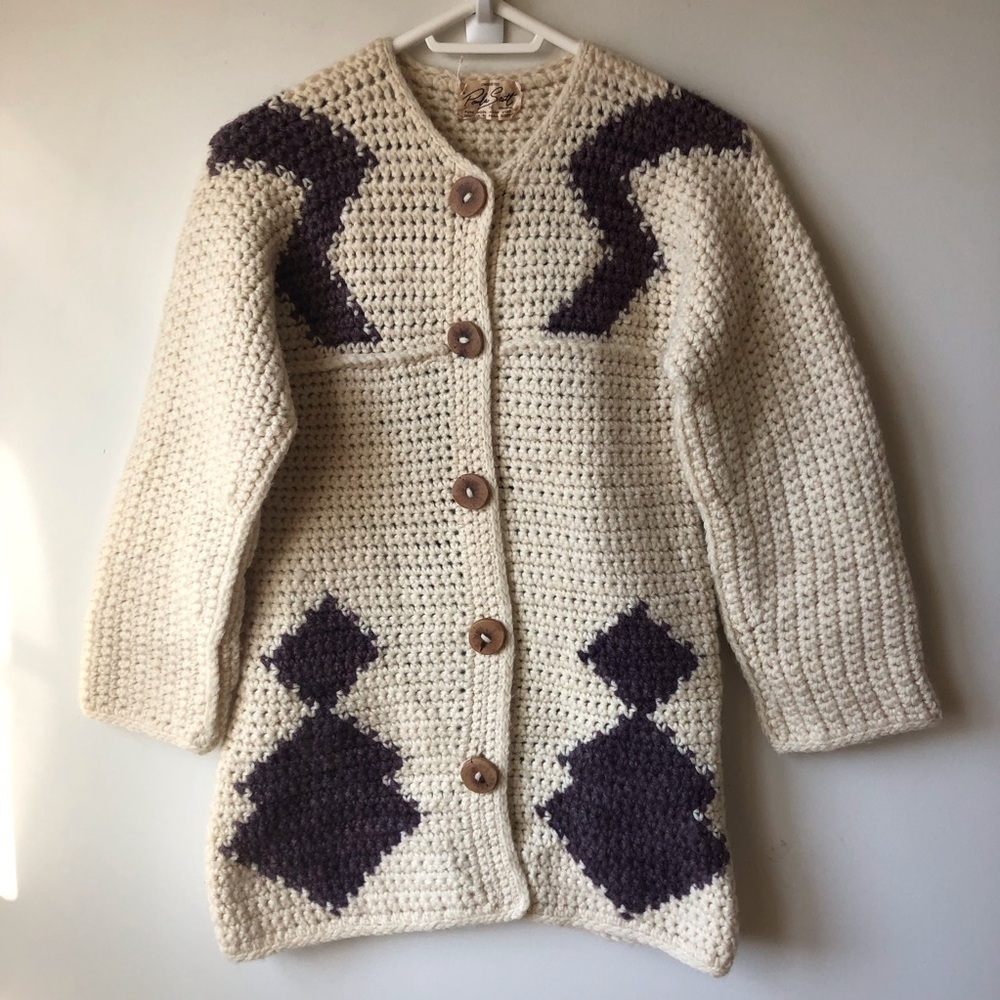 Crocheted cardigan handmade from hand dyed wool. Chunky thick warm granola girl